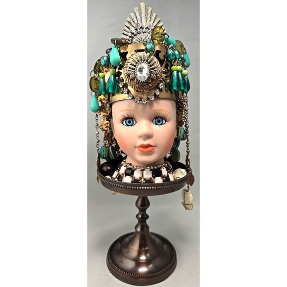 OOAK Doll Head Assemblage Dopamine Art Jeweled Ornate UPCYCLED Mixed Media 11" - Picture 1 of 16